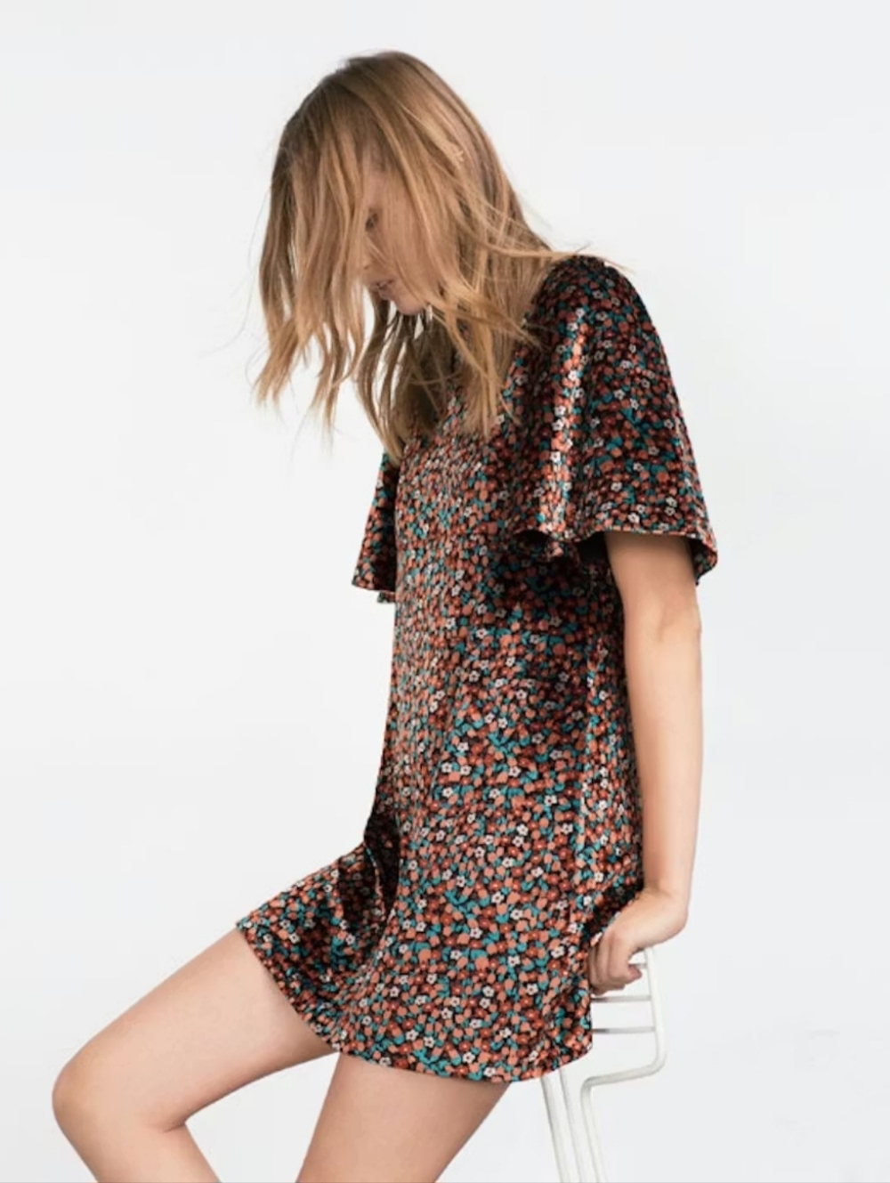 Zara Flutter-Sleeve Velour Floral Mini Dress in Rust & Teal